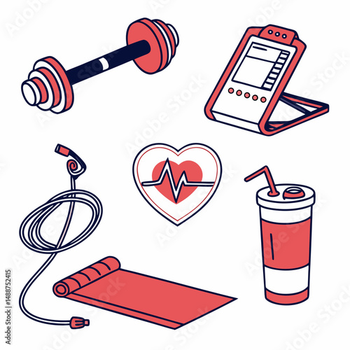 Six fitness icons bundle: dumbbell, protein shake, treadmill, jump rope, heart rate, yoga mat