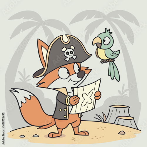 Pirate fox with treasure map and parrot on shoulder