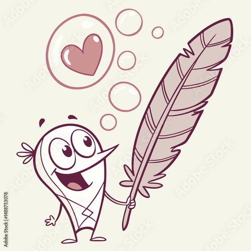 Happy feather character blowing bubbles shaped like hearts