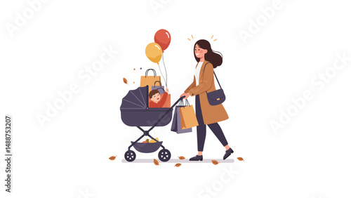 Mother exiting store with stroller full of shopping bags and happy child