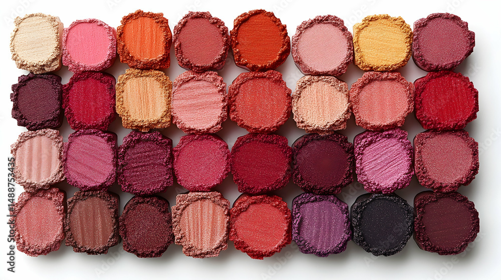 A flatlay showcasing thirty meticulously arranged, circular eyeshadow pans in various shades of red, orange, and pink. A flatlay showcasing thirty meticulously arranged, circular eyeshadow pans in various shades of red, orange, and pink.