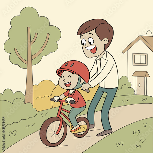 Father teaching child to ride bike, both excited cartoon