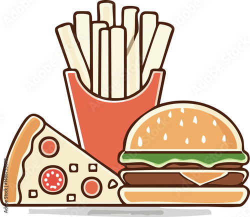 Fast Food Icons Set – Burger, Fries, Pizza – AI Line Art Vector