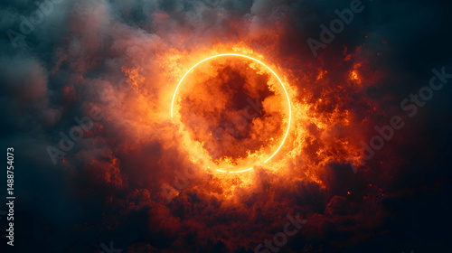 A luminous, circular neon ring glows brightly against a backdrop of dark, fiery clouds and smoke, creating a dramatic, apocalyptic atmosphere