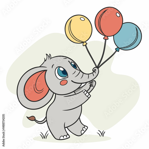 Cute elephant doing squats with colorful balloons as weights