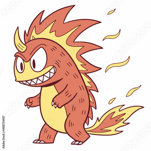 Flame monster with spiky head and cheeky toothy grin