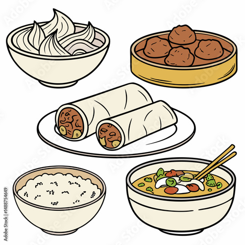 High-detail vector icons: curry, dim sum, burrito, falafel, soup, rice