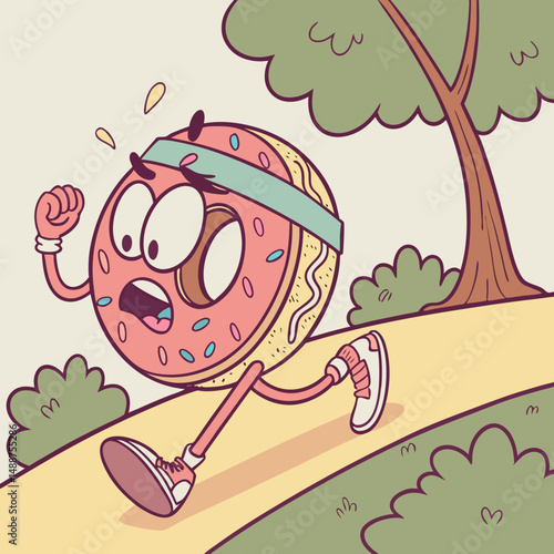 Sweaty donut jogging with determined face and headband on