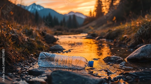 Wallpaper Mural Plastic bottle pollution in scenic mountain river landscape at sunset eco sky blue view wild water Torontodigital.ca