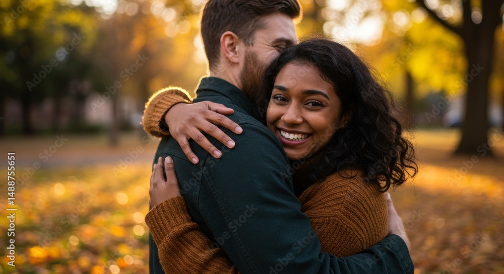 Fototapeta premium Autumn Embrace in the Park - A heartwarming autumn scene of a couple embracing in a park, symbolizing love, friendship, togetherness, joy, and the beauty of fall