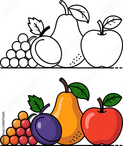 Fruits Coloring Page: Apples, Pears, Plums, and Grapes