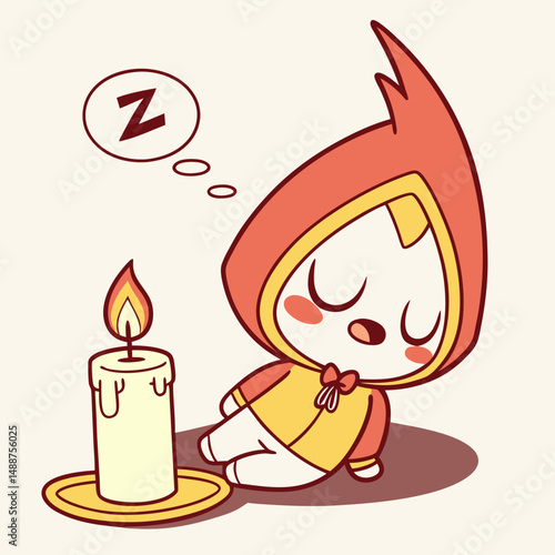 Sleepy fire cartoon curled in candle with snoring bubble