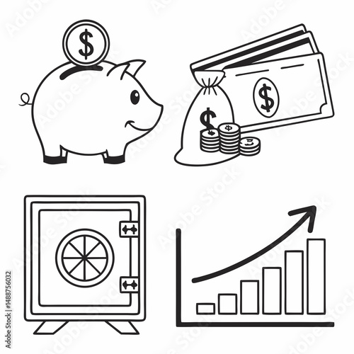 Vector finance icons: piggy bank, credit card, safe, money bag, graphs