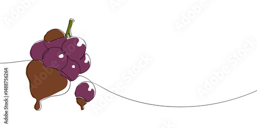 Continuous line illustration of a bunch of purple grapes partially dipped in chocolate, ideal for dessert, food art, or gourmet themes.