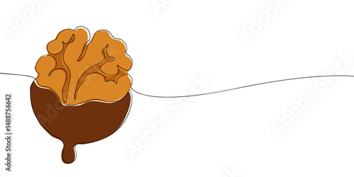 Vector line art of a walnut half dipped in chocolate, combining minimal design with a touch of gourmet indulgence.