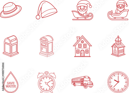 Red outline icons depict Santa, hats, mailboxes, buildings, timepieces and school bus isolated on white