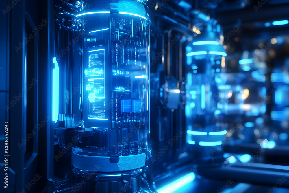 Futuristic Sci-Fi Energy Source with Blue Neon Lights and Glass Tubes Futuristic Sci-Fi Energy Source with Blue Neon Lights and Glass Tubes