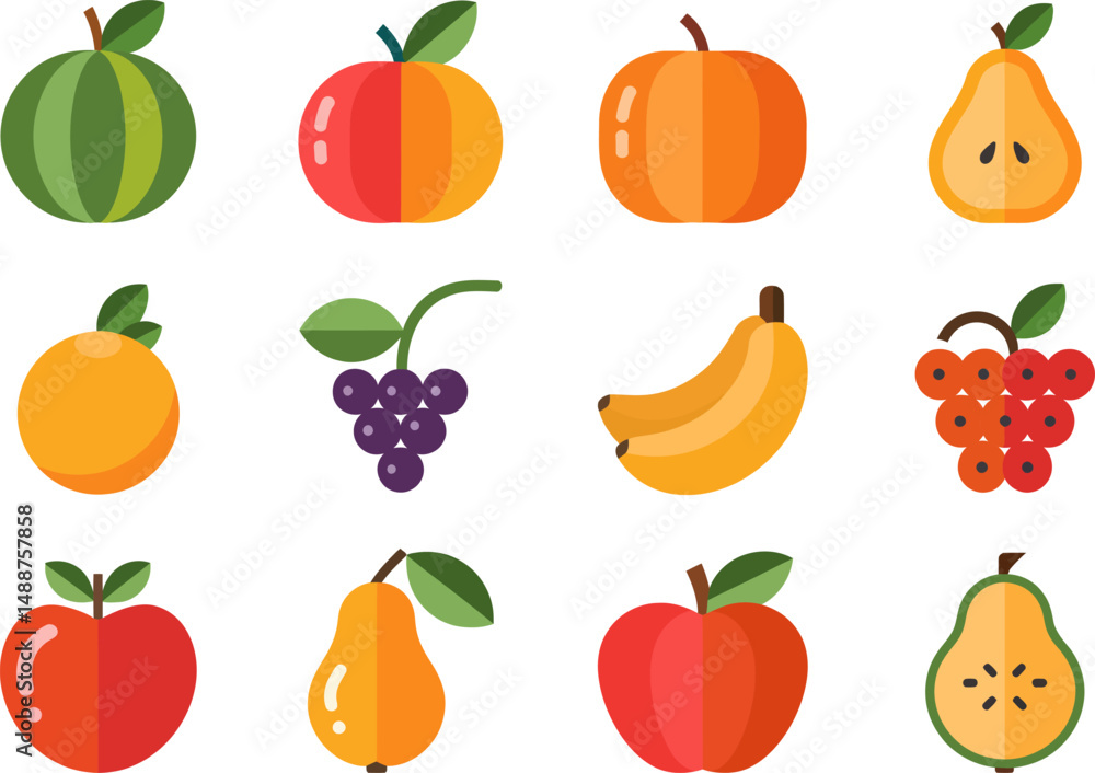 Flat Icon Set of Fruits and Berries Flat Icon Set of Fruits and Berries