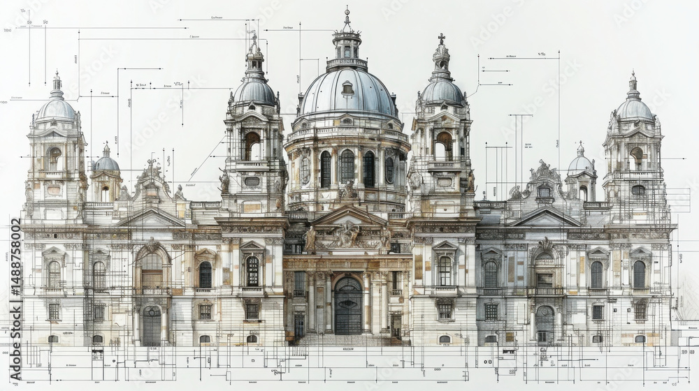Obraz premium Architecture, line drawing, vector lines, central main building, ultra high definition, white background, clean Architecture.