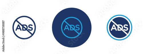 Set of 5 pixel perfect colored No ads icon with 1 unexpanded, 1 silhouette,  Crossed-out advertisement symbol for ad blocking or privacy.