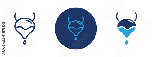 Set of 5 pixel perfect colored Bladder flush icon with 1 unexpanded, 1 silhouette,  Medical procedure symbol involving bladder cleansing.