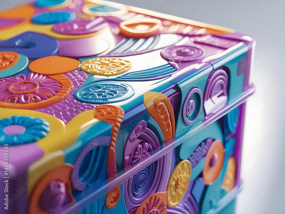 Fototapeta premium Artistic Box of Color: A close-up shot unveils an intricately designed box, a vibrant explosion of color and form, showcasing a kaleidoscope of patterns and textures.