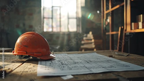 Construction Site:  Hard Hat and Blueprint on Wooden Table