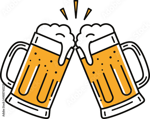 Vector illustration of beer mugs with foam and amber liquid in celebratory toast

