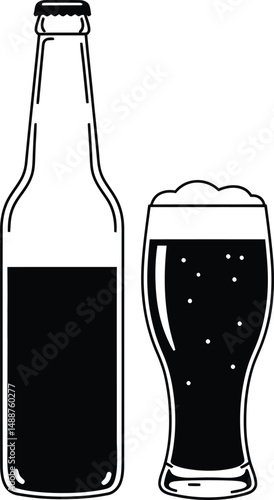Minimal black and white line art illustration of dark beer bottle and glass vector

