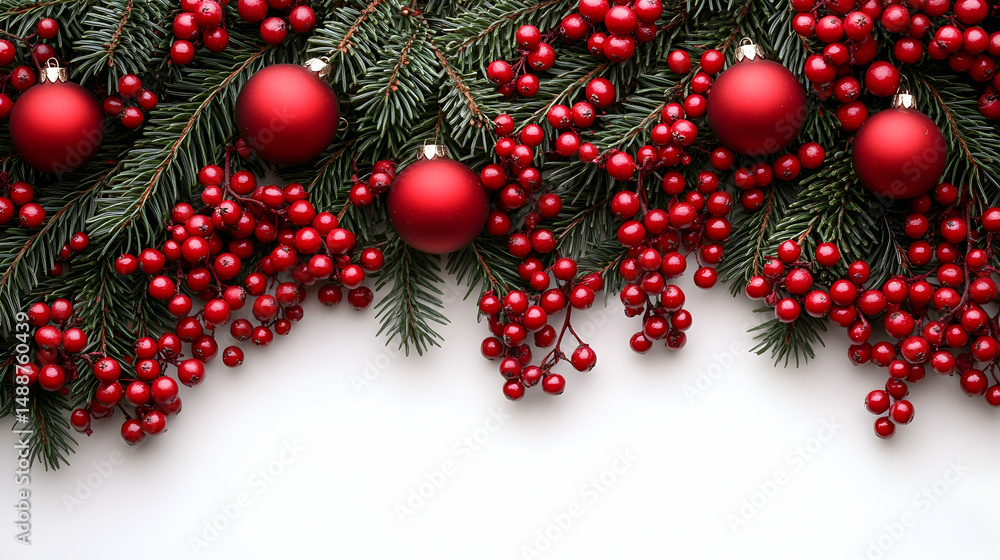 Festive Christmas border of glossy red ornaments and vibrant red berries nestled amongst lush evergreen sprigs on a pristine white background Festive Christmas border of glossy red ornaments and vibrant red berries nestled amongst lush evergreen sprigs on a pristine white background