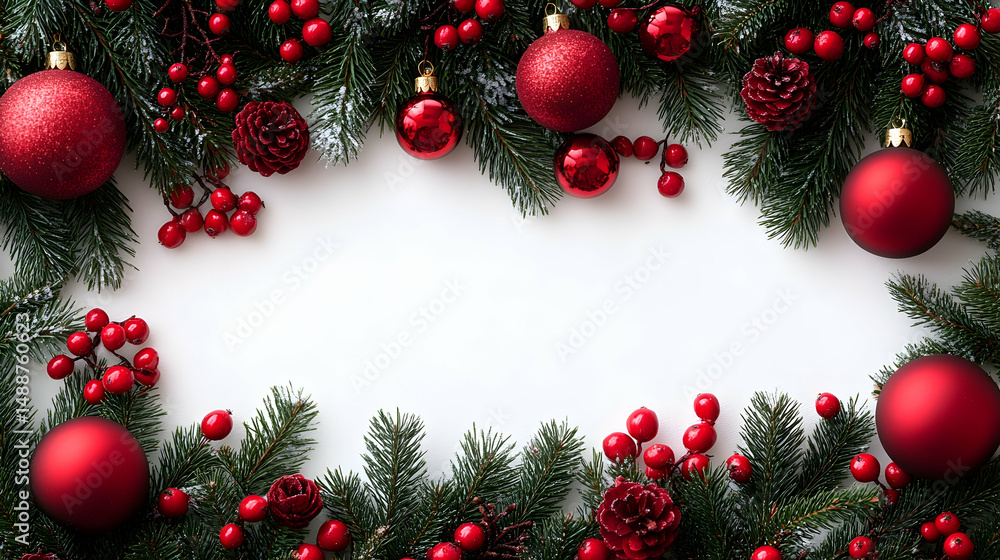 Festive frame of evergreen boughs, red ornaments, berries, and pine cones arranged on a white background, leaving a central blank space Festive frame of evergreen boughs, red ornaments, berries, and pine cones arranged on a white background, leaving a central blank space