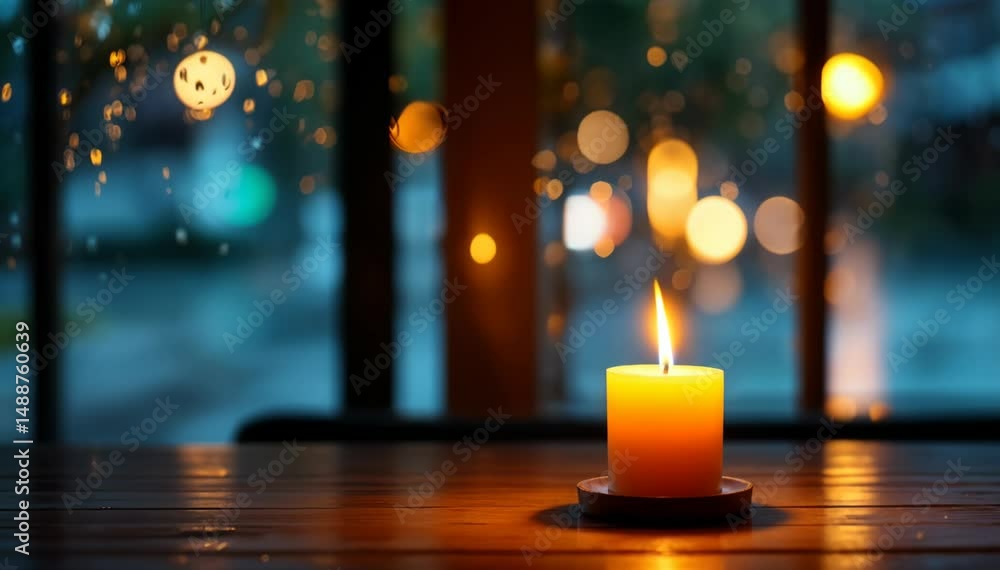 Candlelight glowing softly during rainy night in a cozy room with bokeh raindrops on window background