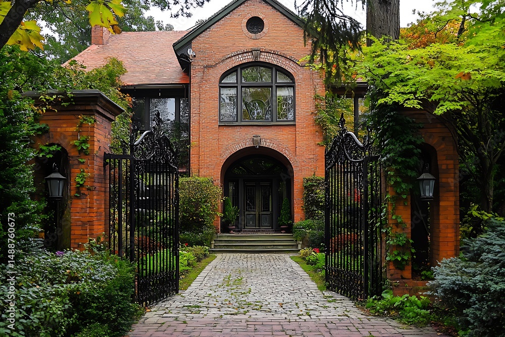 Majestic home with large arched gate and tall windows Majestic home with large arched gate and tall windows