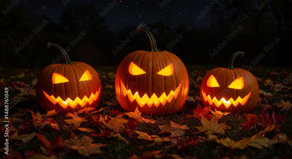 Glowing Jack-o'-lanterns and Autumn Leaves at Night - Three illuminated jack-o'-lanterns rest amidst fallen autumn leaves under a starlit sky. Symbolizing Halloween, autumn, harvest, spooky fun Glowing Jack-o'-lanterns and Autumn Leaves at Night - Three illuminated jack-o'-lanterns rest amidst fallen autumn leaves under a starlit sky. Symbolizing Halloween, autumn, harvest, spooky fun