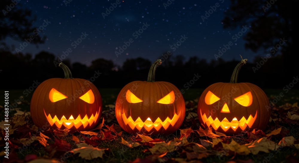 Glowing Jack-o'-lanterns on Autumn Night - Three glowing jack-o'-lanterns illuminate a dark autumn night, symbolizing Halloween, autumn harvest, spooky fun, mysterious ambiance, and seasonal change Glowing Jack-o'-lanterns on Autumn Night - Three glowing jack-o'-lanterns illuminate a dark autumn night, symbolizing Halloween, autumn harvest, spooky fun, mysterious ambiance, and seasonal change