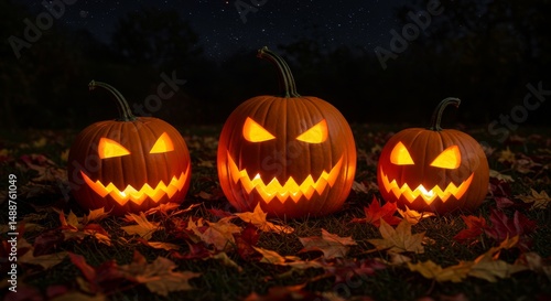 Wallpaper Mural Glowing Jack-o'-lanterns and Autumn Leaves at Night - Three illuminated jack-o'-lanterns rest amidst fallen autumn leaves under a starlit sky. Symbolizing Halloween, autumn, harvest, spooky fun Torontodigital.ca