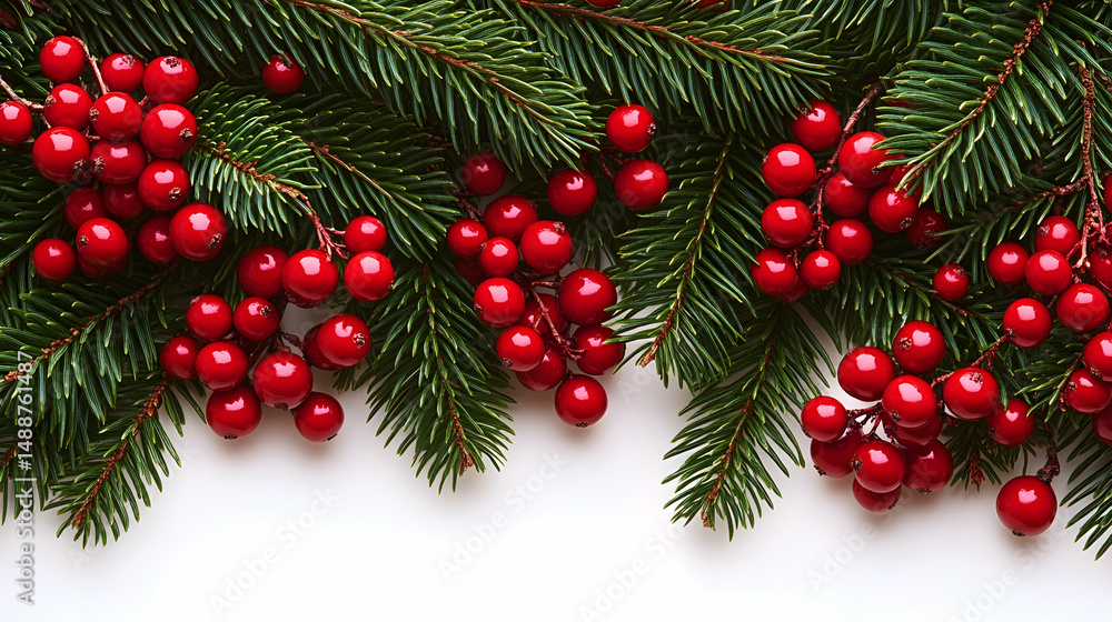 Lush evergreen boughs laden with vibrant red berries arranged horizontally against a stark white backdrop, creating a festive border Lush evergreen boughs laden with vibrant red berries arranged horizontally against a stark white backdrop, creating a festive border