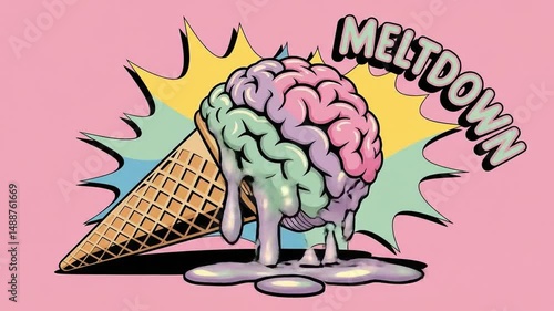 Brain-shaped ice cream melting on cone with colorful background - Concept of neo-memphis, digital modern collage, pop art  