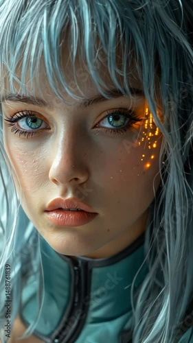 Cyberpunk Girl: Futuristic Portrait of a Woman with Blue Hair and Glowing Makeup