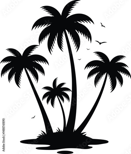 Minimalist black and white silhouette of palm trees tropical paradise scenic nature landscape

