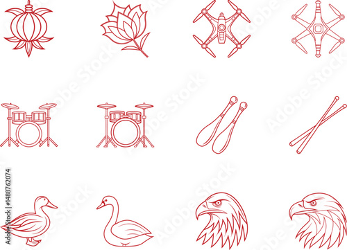 Red outline icons show flower, drone, drum, juggling pins, duck, eagle on white