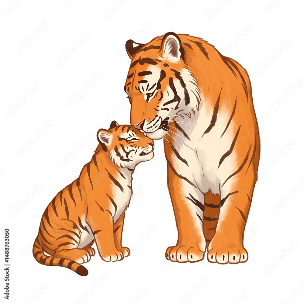 Obraz premium Tiger Family Love: A heartwarming illustration of a mother tiger nuzzling her cub, showcasing a strong bond of love and protection.