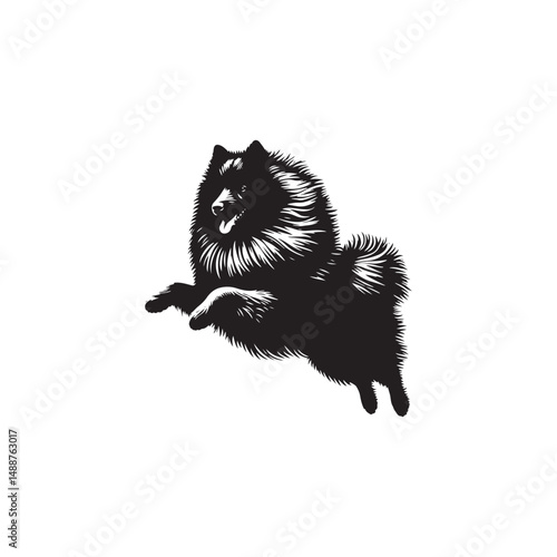 Keeshond dog silhouette, fluffy coat, friendly companion, alert expression, curled tail, spitz breed, medium size, thick fur, charming, intelligent, playful, loyal, house pet, furry outline, cheerful,