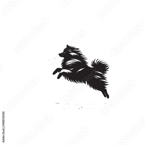 Keeshond dog silhouette, fluffy coat, friendly companion, alert expression, curled tail, spitz breed, medium size, thick fur, charming, intelligent, playful, loyal, house pet, furry outline, cheerful,