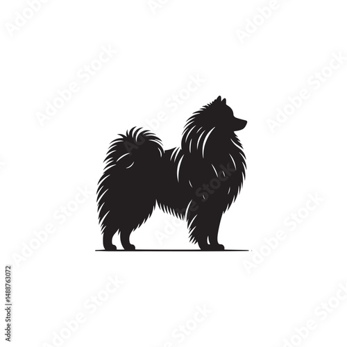 Keeshond dog silhouette, fluffy coat, friendly companion, alert expression, curled tail, spitz breed, medium size, thick fur, charming, intelligent, playful, loyal, house pet, furry outline, cheerful,