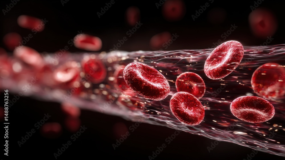 Fototapeta premium A 4K photo of high-definition 3D rendering of red blood cells traveling through a vein, depicting the dynamics of human blood circulation.