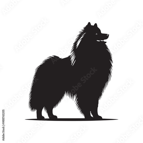 Keeshond dog silhouette, fluffy coat, friendly companion, alert expression, curled tail, spitz breed, medium size, thick fur, charming, intelligent, playful, loyal, house pet, furry outline, cheerful,