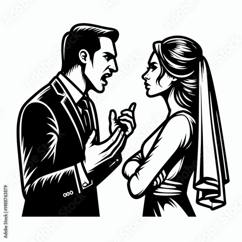 Groom arguing with bride in formal wear during argument