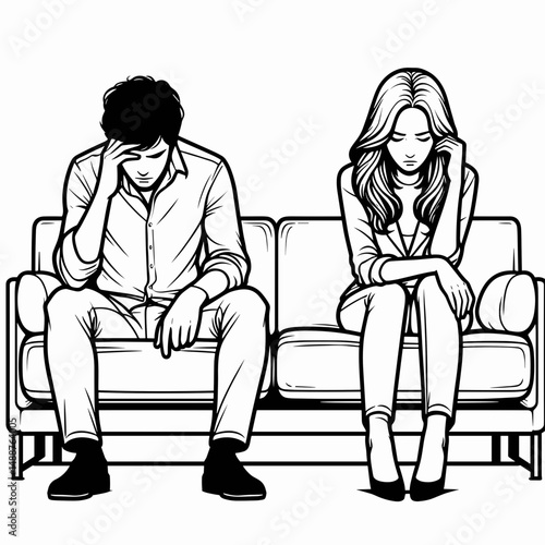 Couple sitting apart on sofa, looking upset in a minimalist style  
