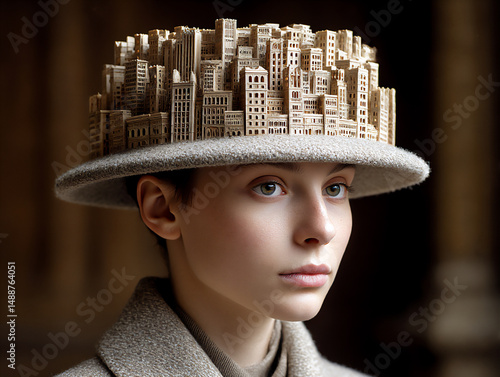 a person wearing a hat that is a miniature, fully functional city, a surreal and detailed headpiece,